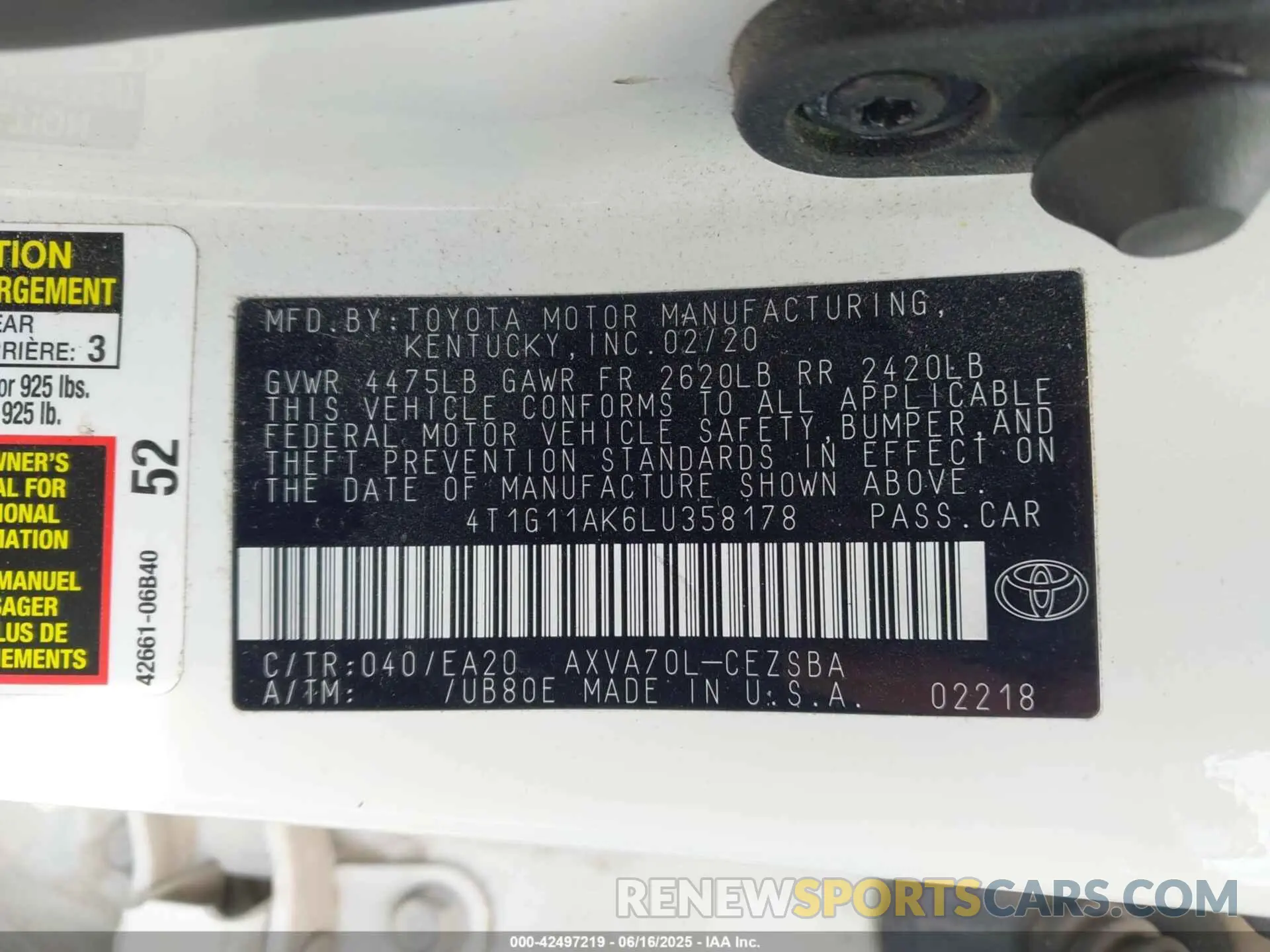 9 Photograph of a damaged car 4T1G11AK6LU358178 TOYOTA CAMRY 2020