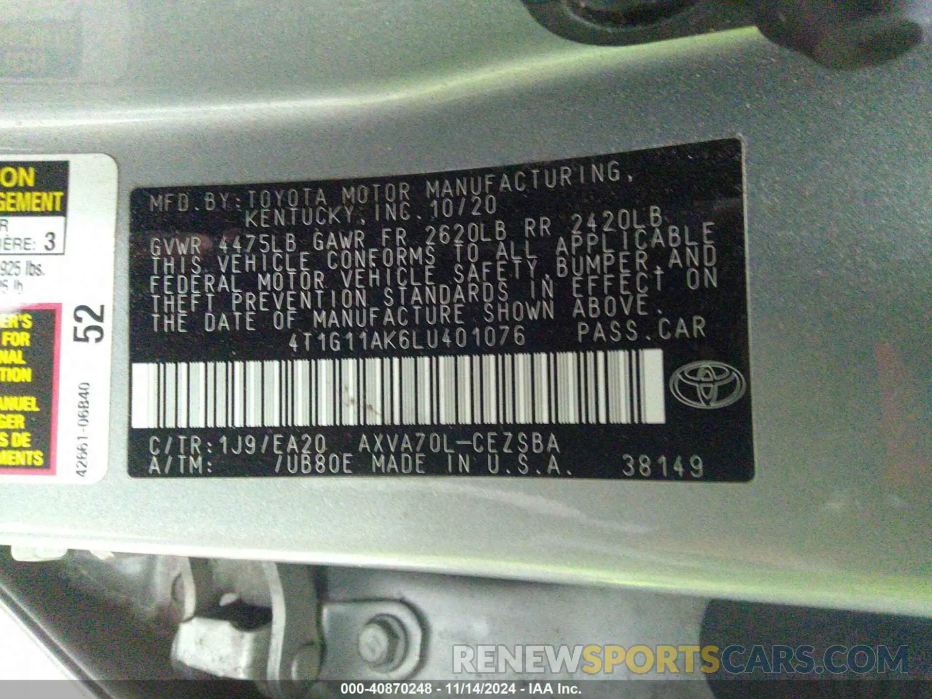 9 Photograph of a damaged car 4T1G11AK6LU401076 TOYOTA CAMRY 2020