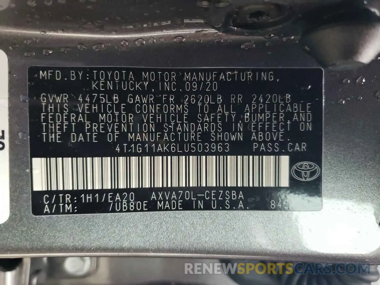 13 Photograph of a damaged car 4T1G11AK6LU503963 TOYOTA CAMRY 2020
