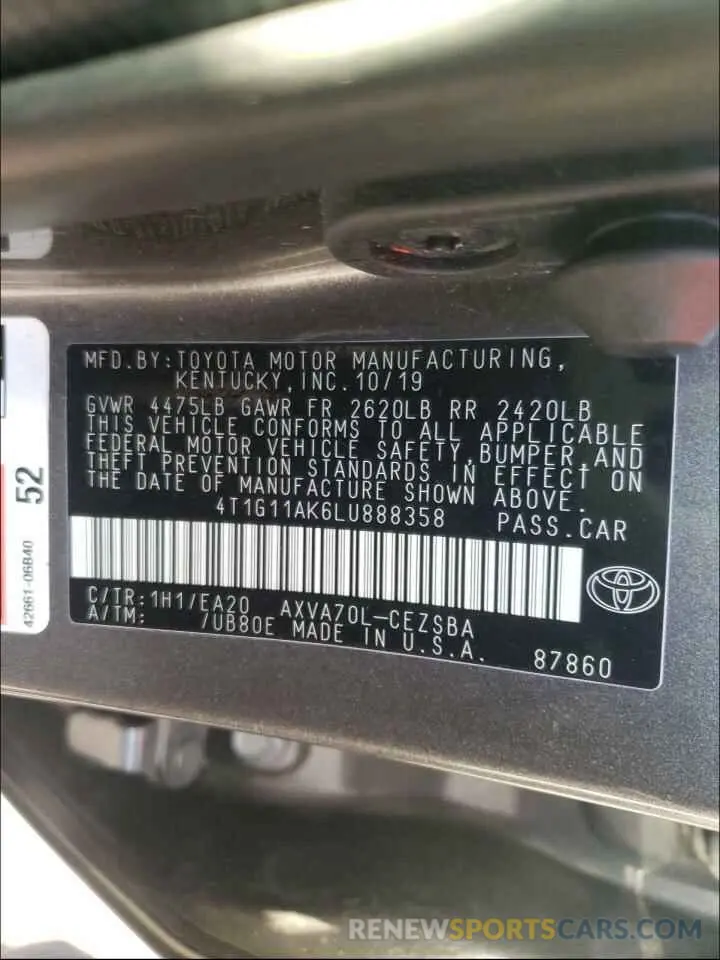 10 Photograph of a damaged car 4T1G11AK6LU888358 TOYOTA CAMRY 2020