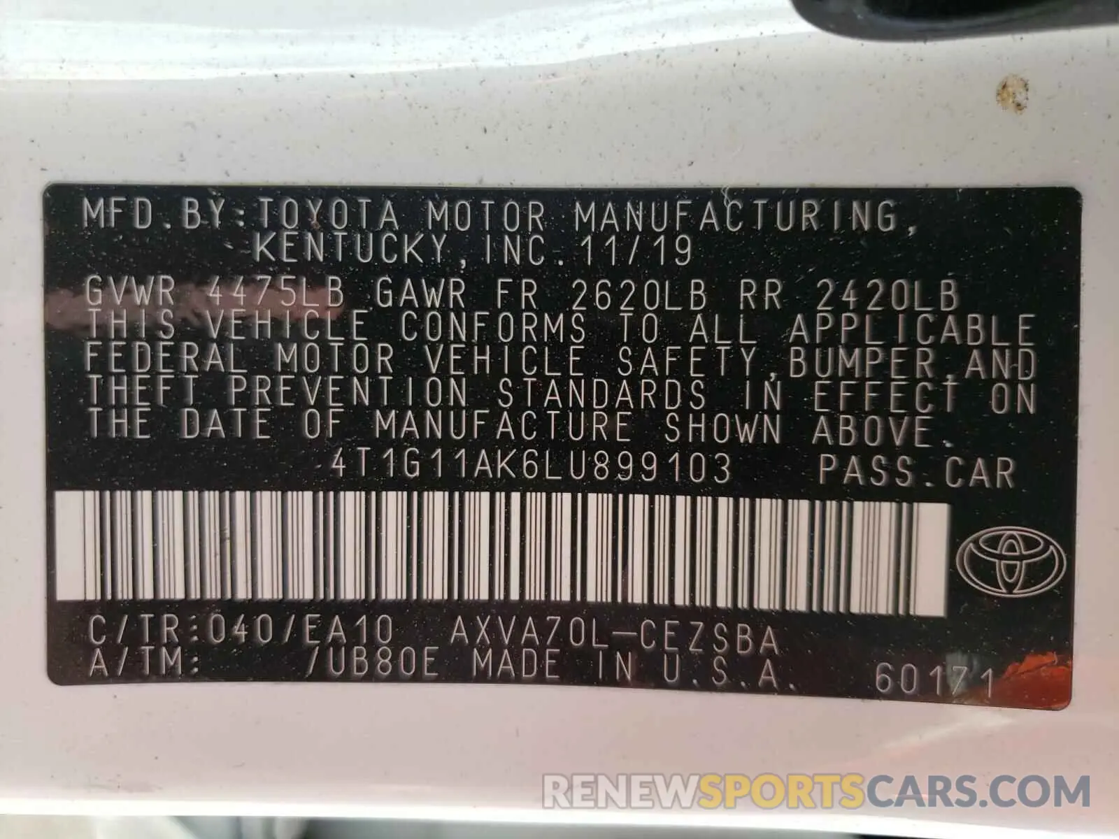 10 Photograph of a damaged car 4T1G11AK6LU899103 TOYOTA CAMRY 2020