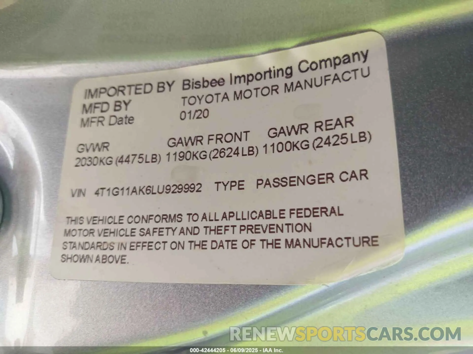 9 Photograph of a damaged car 4T1G11AK6LU929992 TOYOTA CAMRY 2020