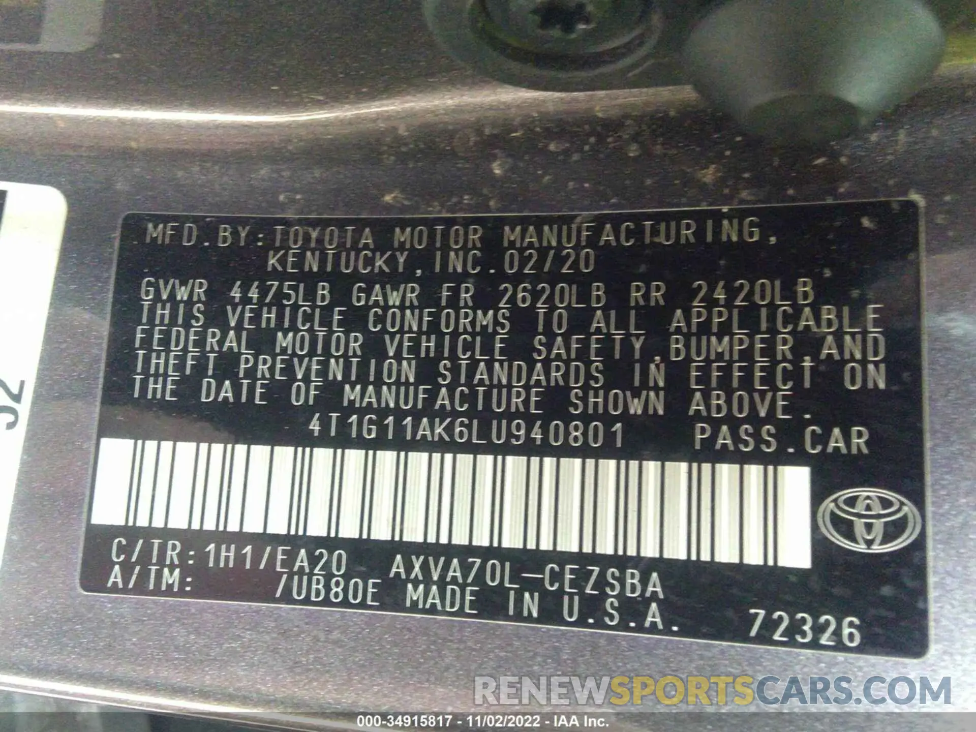 9 Photograph of a damaged car 4T1G11AK6LU940801 TOYOTA CAMRY 2020