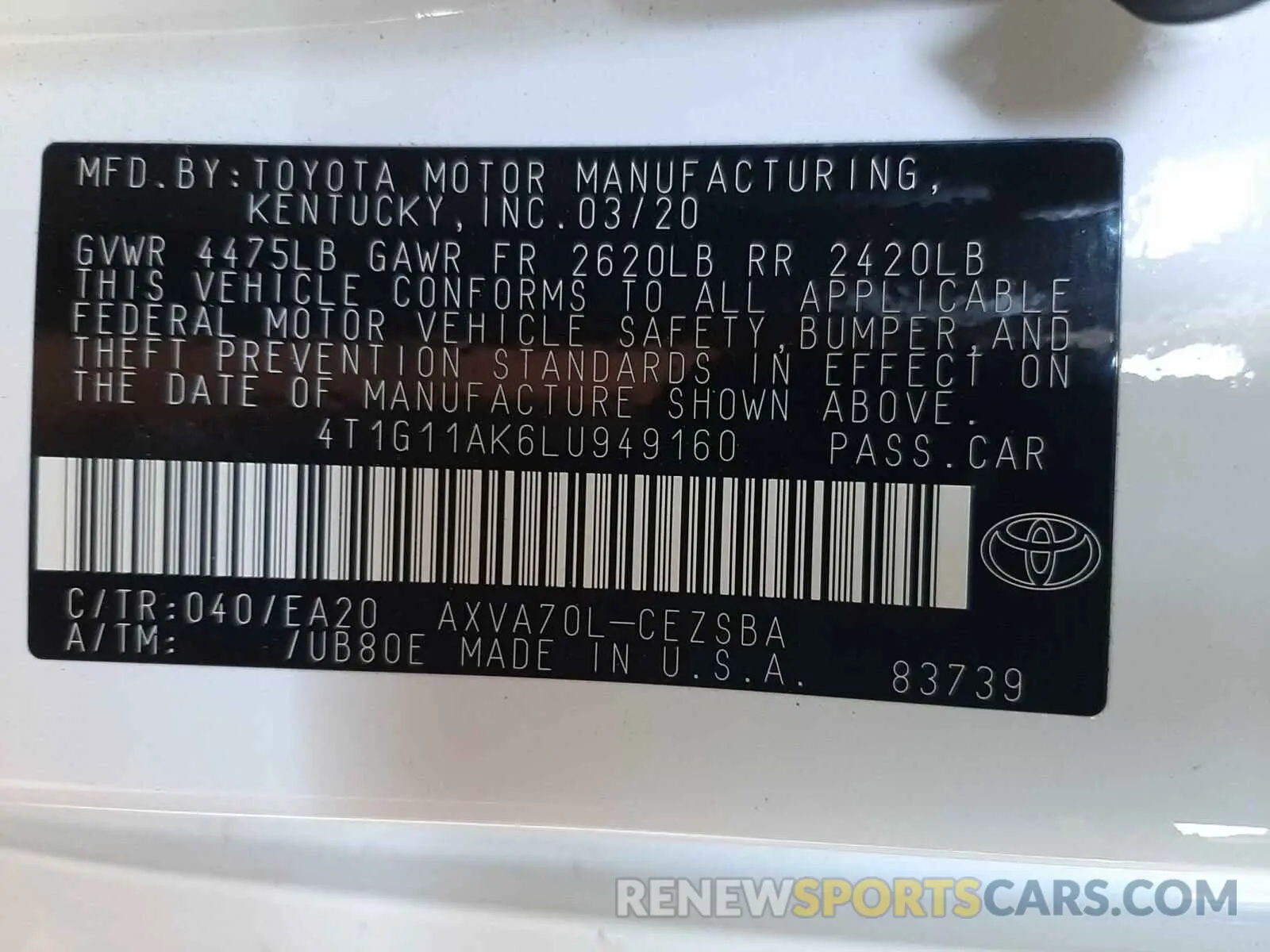 10 Photograph of a damaged car 4T1G11AK6LU949160 TOYOTA CAMRY 2020