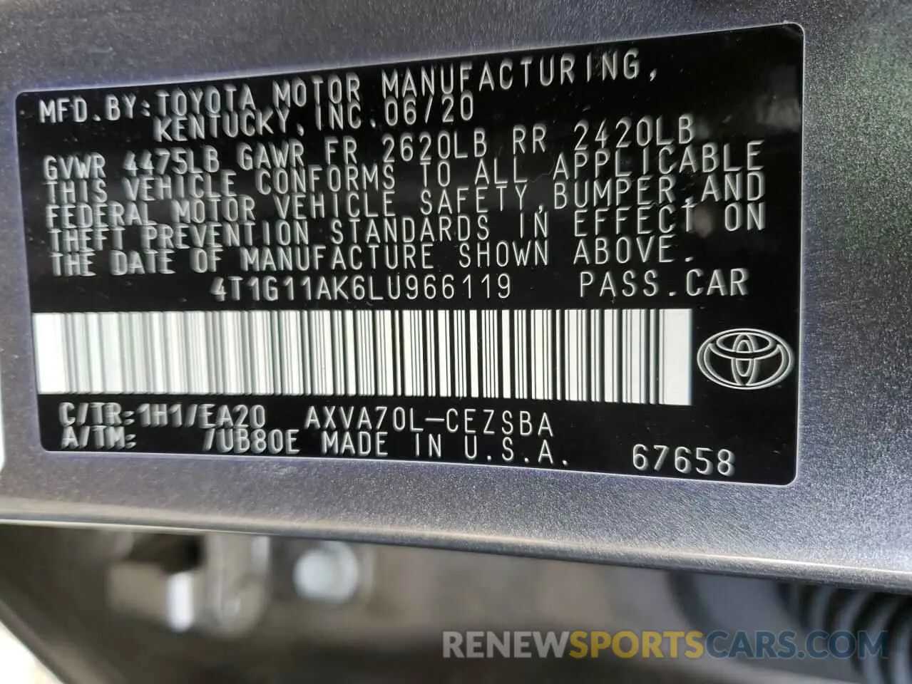 12 Фотография поврежденного автомобиля 4T1G11AK6LU966119 TOYOTA CAMRY 2020
