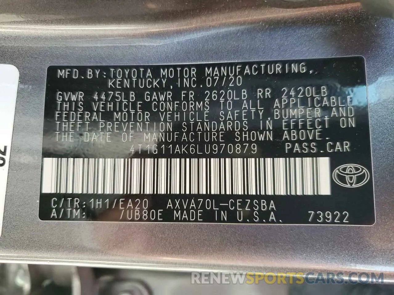 12 Фотография поврежденного автомобиля 4T1G11AK6LU970879 TOYOTA CAMRY 2020
