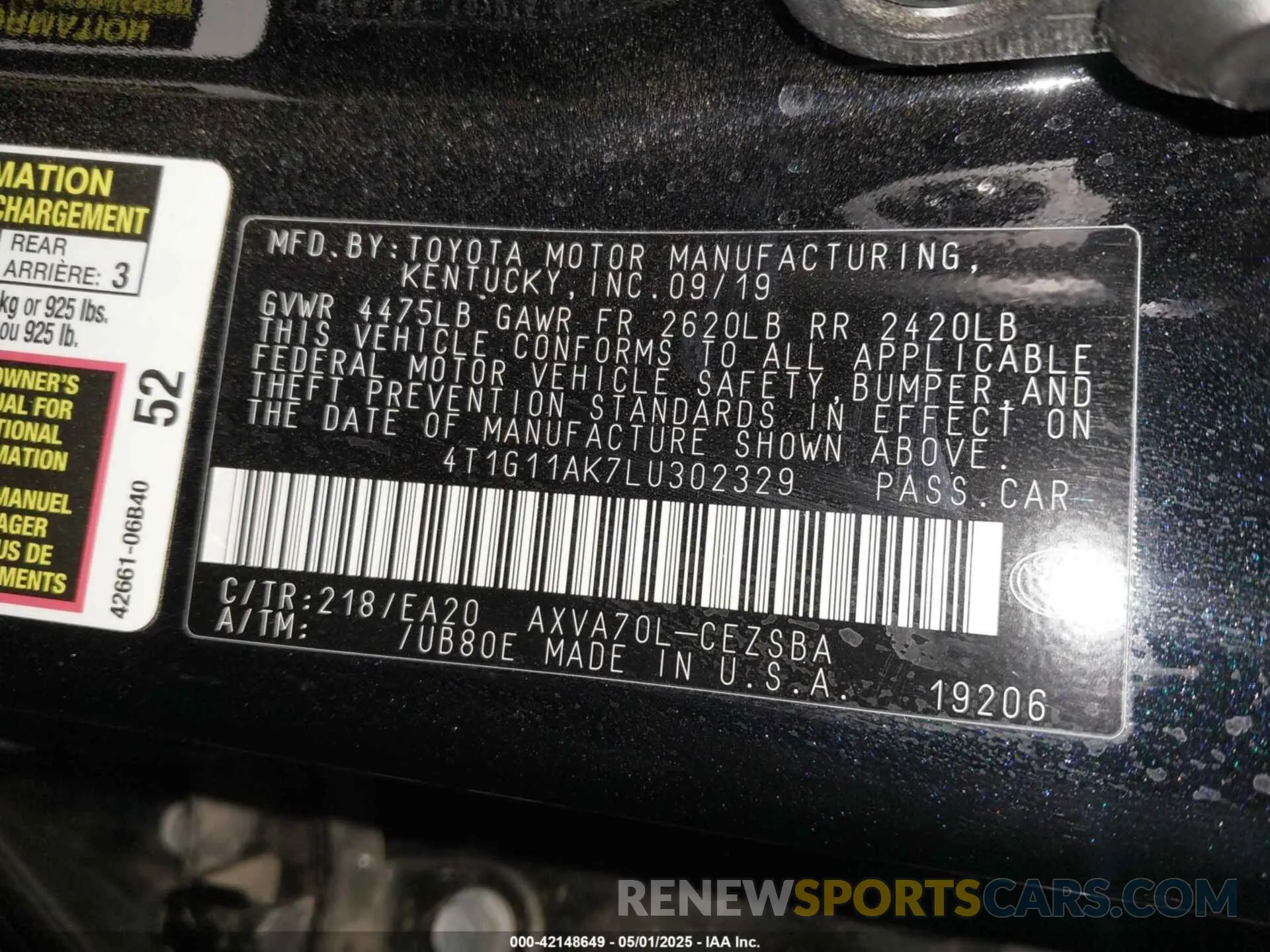 9 Photograph of a damaged car 4T1G11AK7LU302329 TOYOTA CAMRY 2020