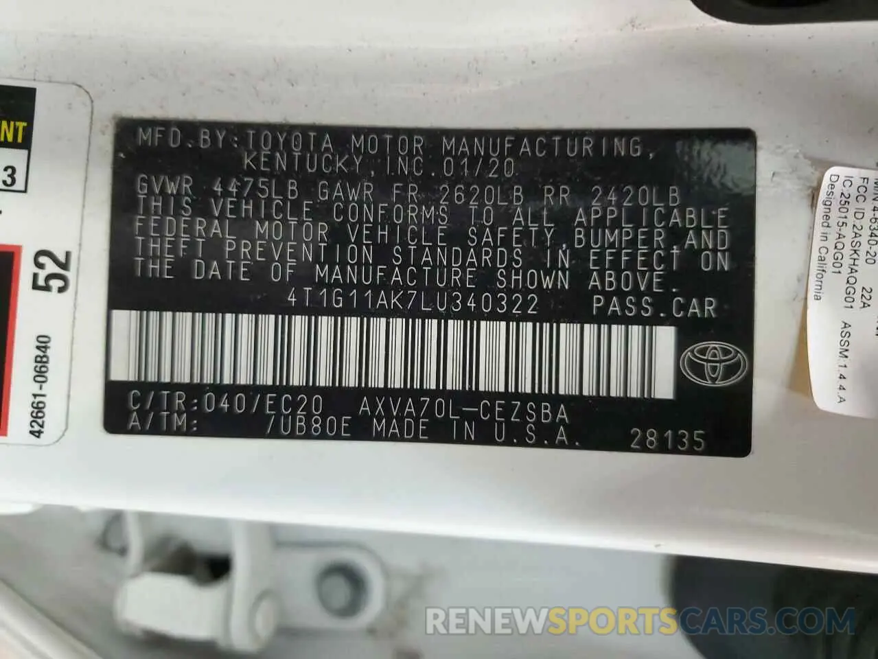 13 Photograph of a damaged car 4T1G11AK7LU340322 TOYOTA CAMRY 2020