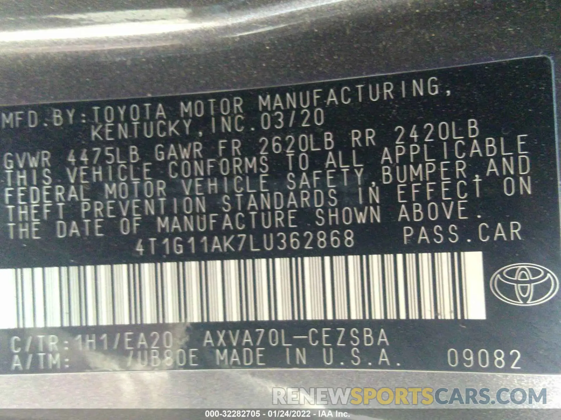 9 Фотография поврежденного автомобиля 4T1G11AK7LU362868 TOYOTA CAMRY 2020