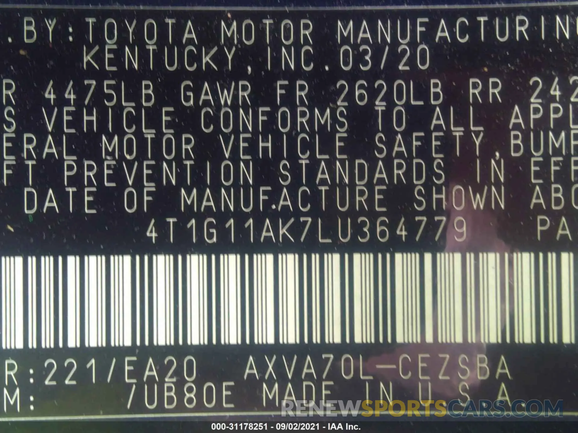 9 Фотография поврежденного автомобиля 4T1G11AK7LU364779 TOYOTA CAMRY 2020