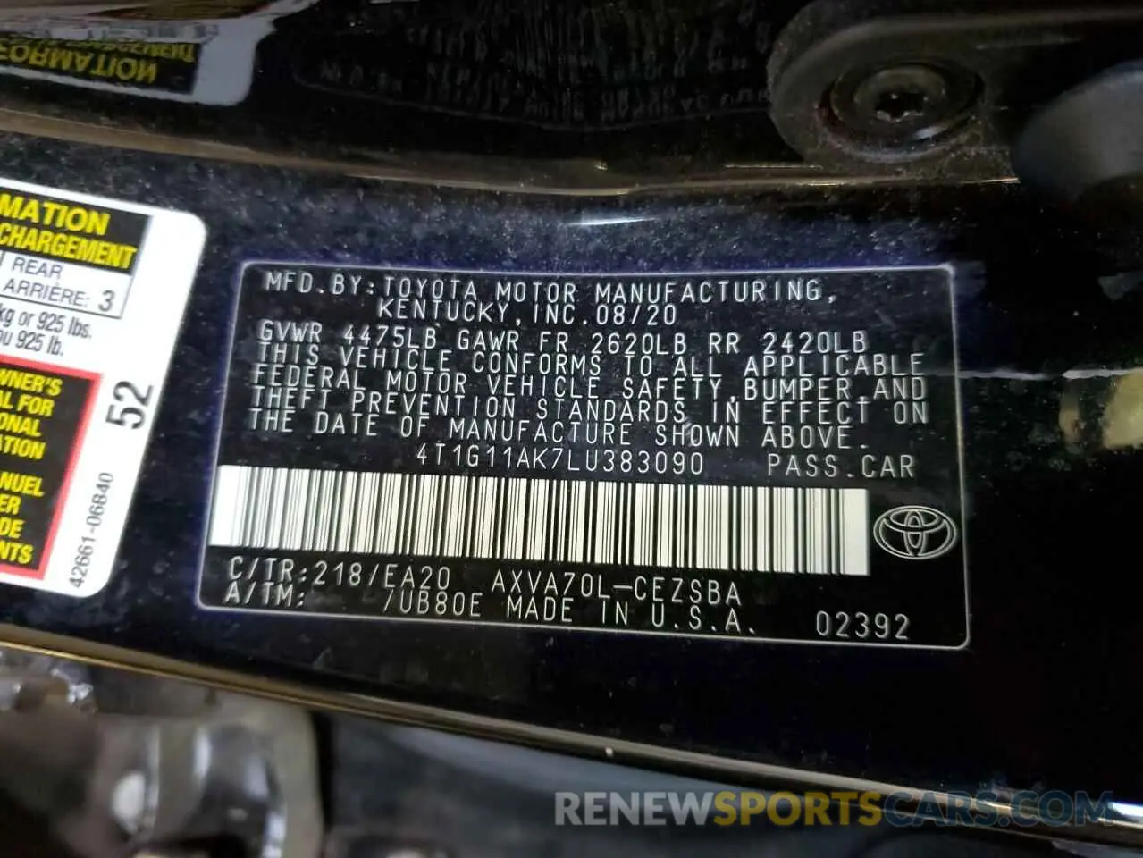 12 Photograph of a damaged car 4T1G11AK7LU383090 TOYOTA CAMRY 2020