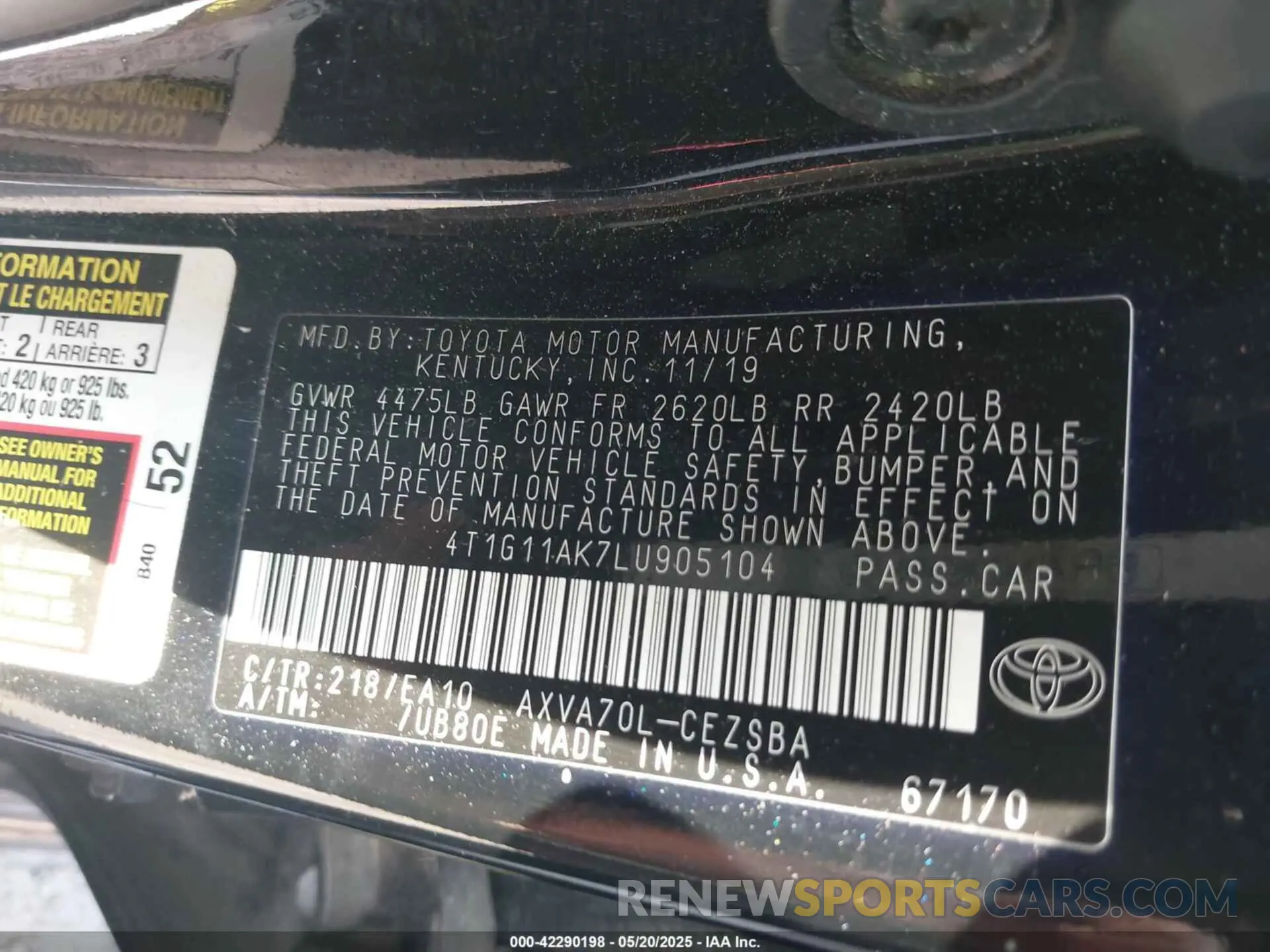 9 Photograph of a damaged car 4T1G11AK7LU905104 TOYOTA CAMRY 2020
