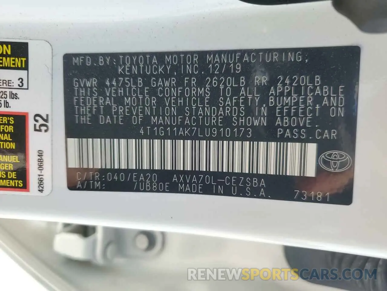 13 Photograph of a damaged car 4T1G11AK7LU910173 TOYOTA CAMRY 2020