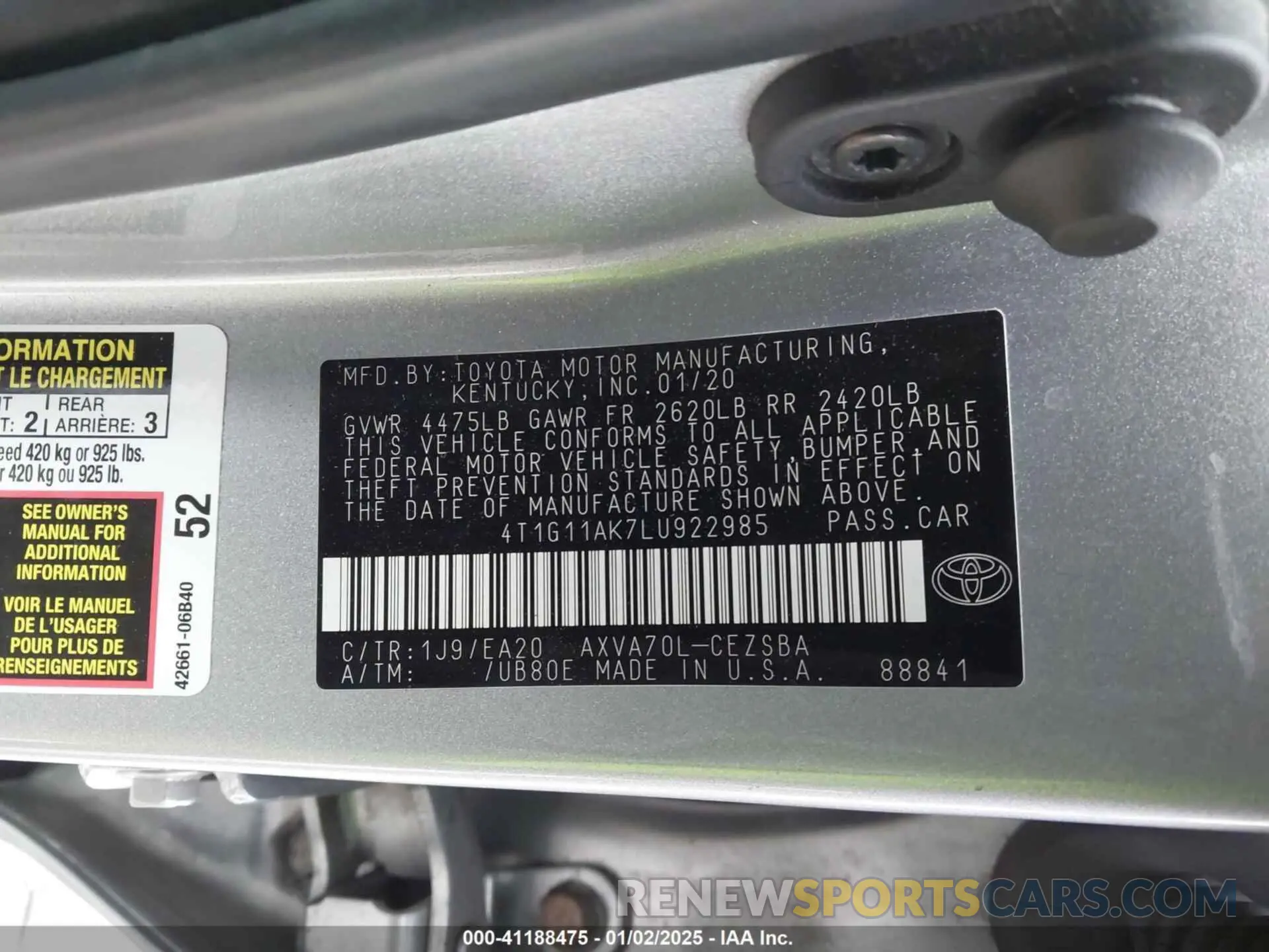 9 Фотография поврежденного автомобиля 4T1G11AK7LU922985 TOYOTA CAMRY 2020