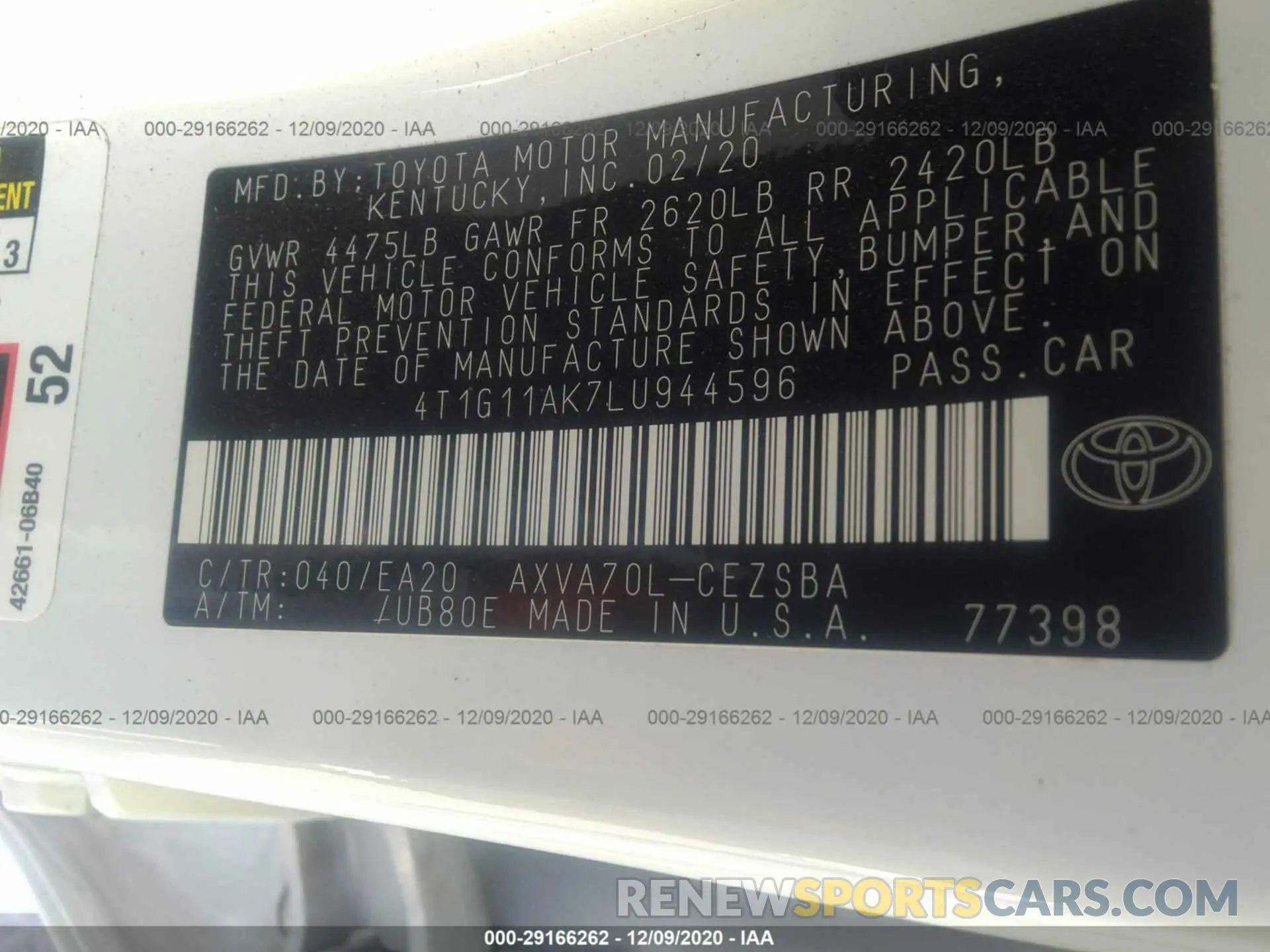 9 Photograph of a damaged car 4T1G11AK7LU944596 TOYOTA CAMRY 2020