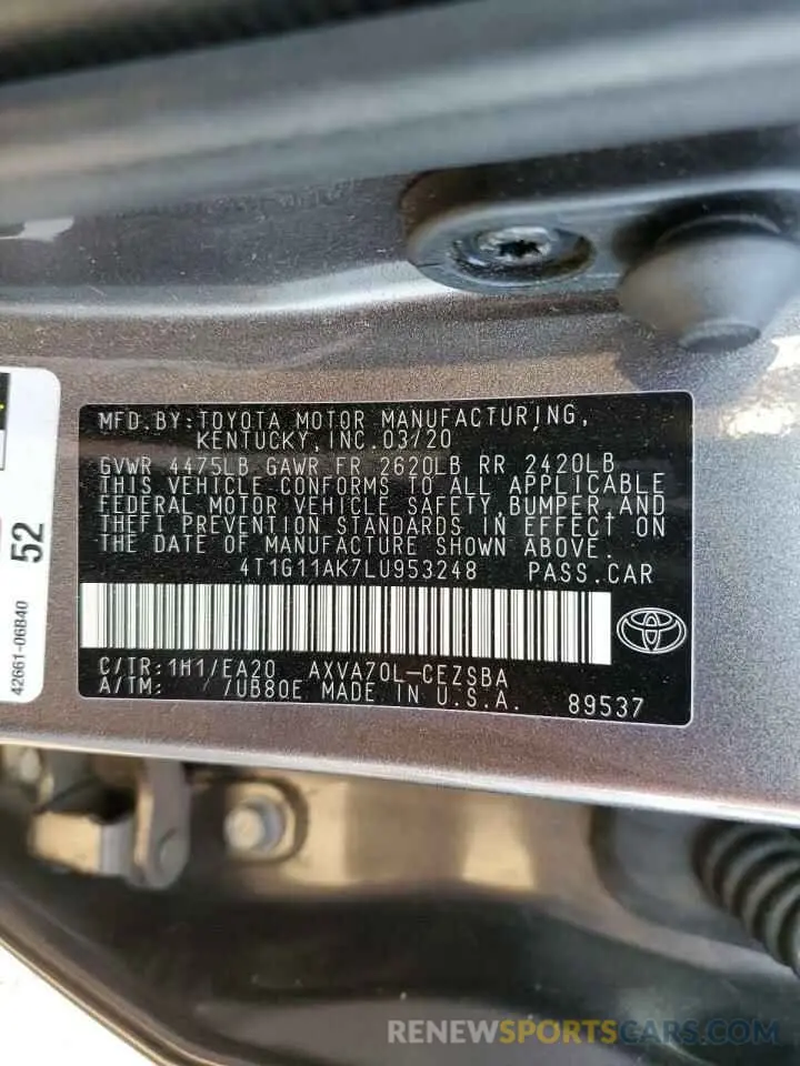 10 Фотография поврежденного автомобиля 4T1G11AK7LU953248 TOYOTA CAMRY 2020
