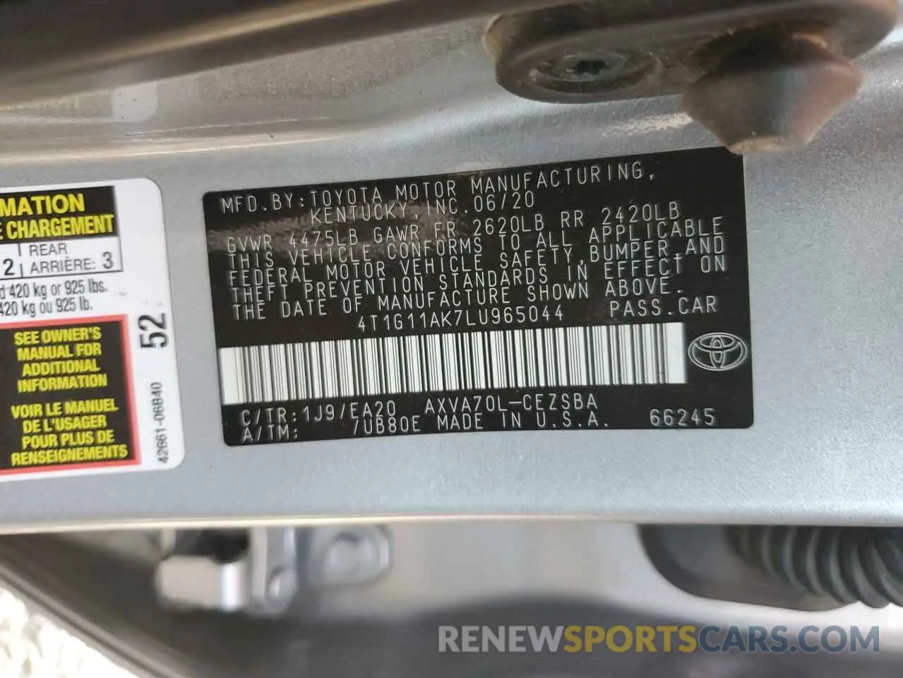 12 Photograph of a damaged car 4T1G11AK7LU965044 TOYOTA CAMRY 2020