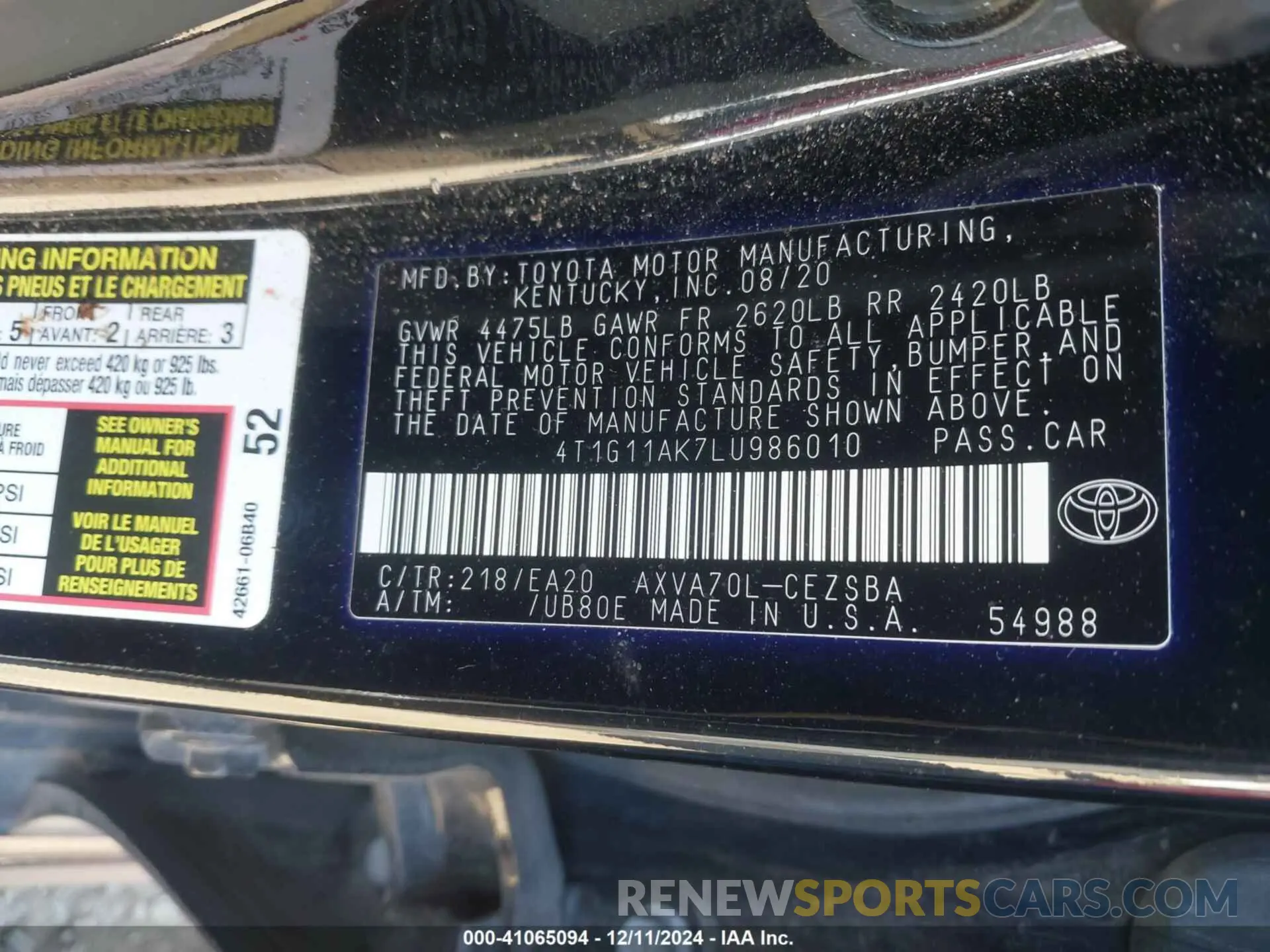 9 Фотография поврежденного автомобиля 4T1G11AK7LU986010 TOYOTA CAMRY 2020