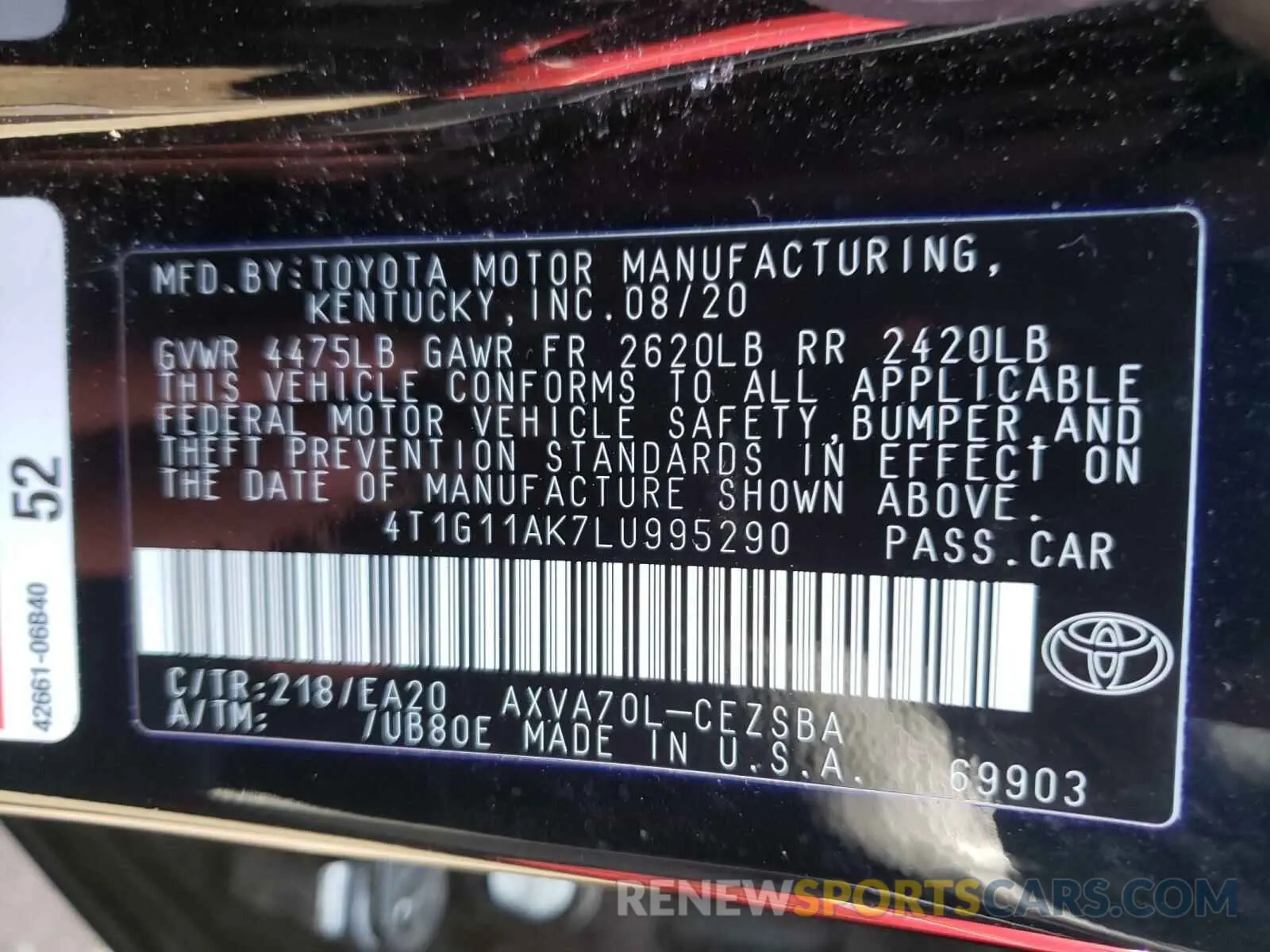10 Photograph of a damaged car 4T1G11AK7LU995290 TOYOTA CAMRY 2020