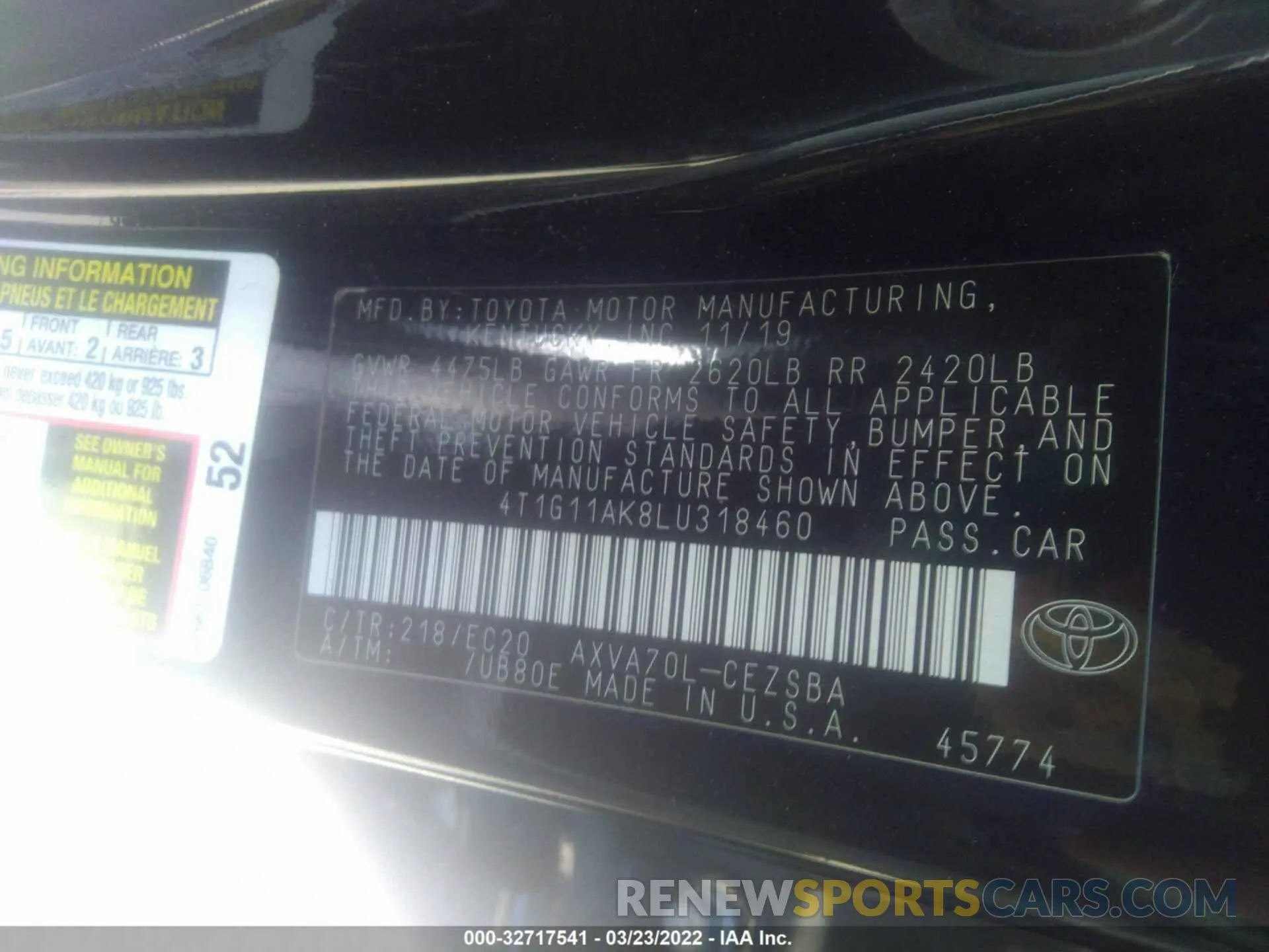 9 Фотография поврежденного автомобиля 4T1G11AK8LU318460 TOYOTA CAMRY 2020