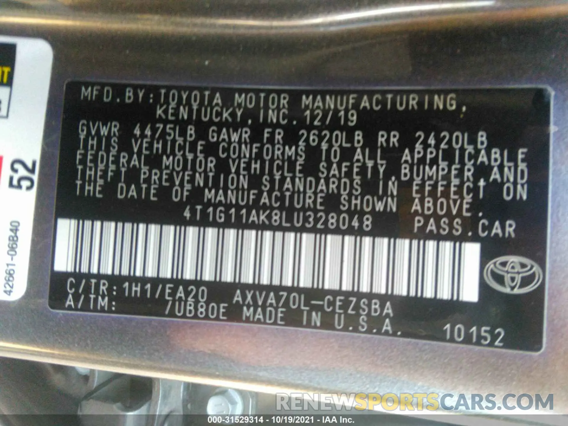 9 Photograph of a damaged car 4T1G11AK8LU328048 TOYOTA CAMRY 2020