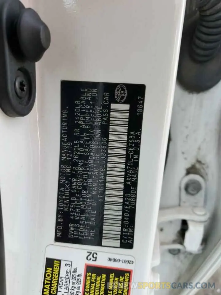 12 Фотография поврежденного автомобиля 4T1G11AK8LU333606 TOYOTA CAMRY 2020