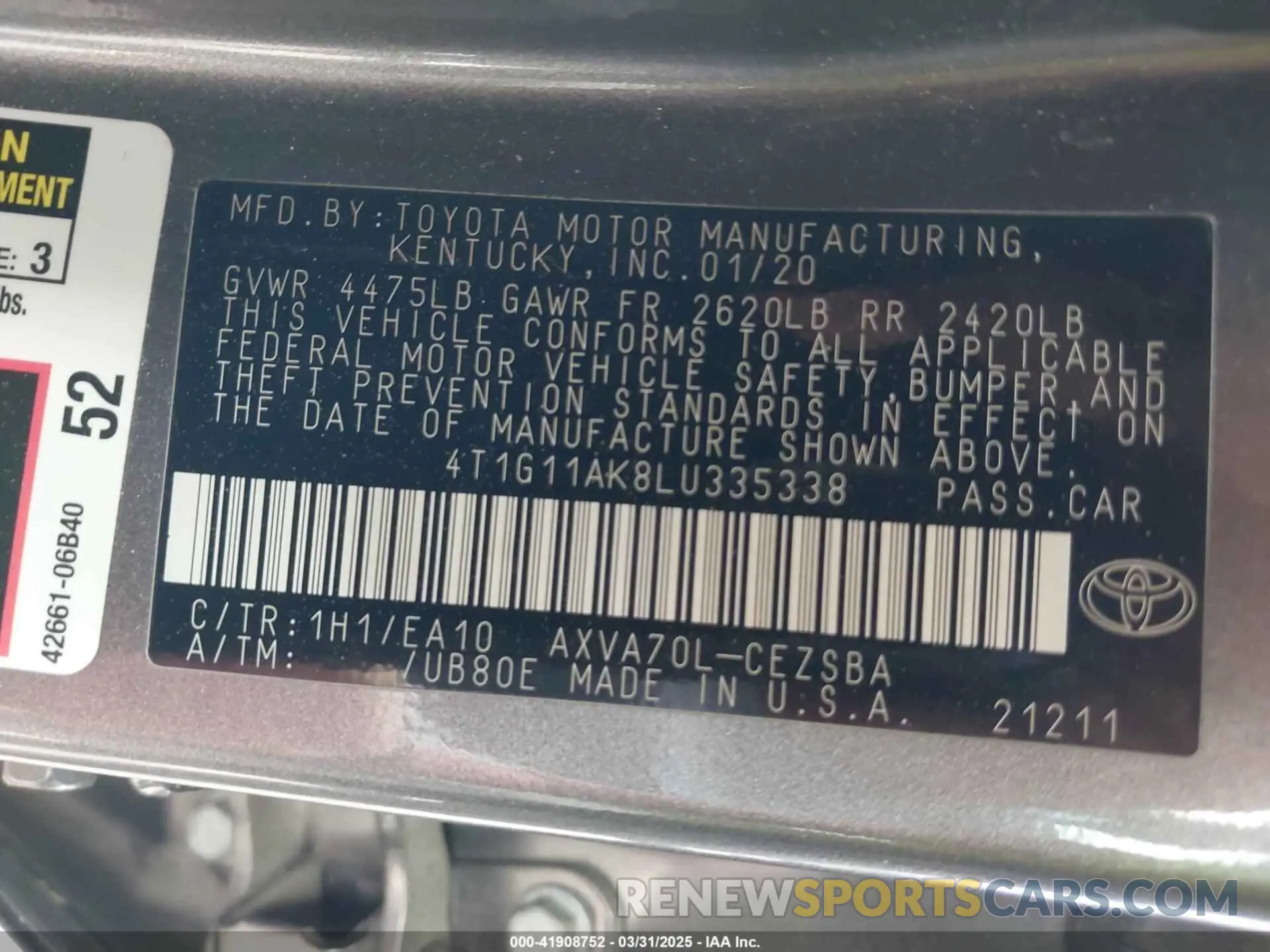 9 Photograph of a damaged car 4T1G11AK8LU335338 TOYOTA CAMRY 2020