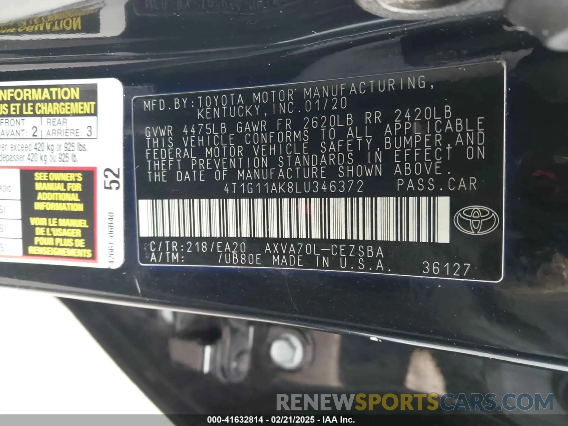 9 Photograph of a damaged car 4T1G11AK8LU346372 TOYOTA CAMRY 2020