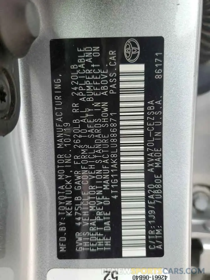 12 Фотография поврежденного автомобиля 4T1G11AK8LU886871 TOYOTA CAMRY 2020