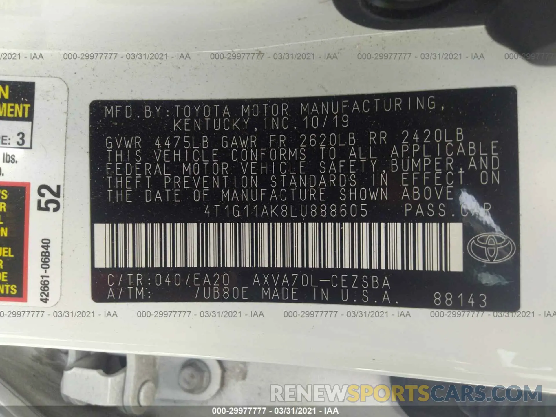 9 Photograph of a damaged car 4T1G11AK8LU888605 TOYOTA CAMRY 2020