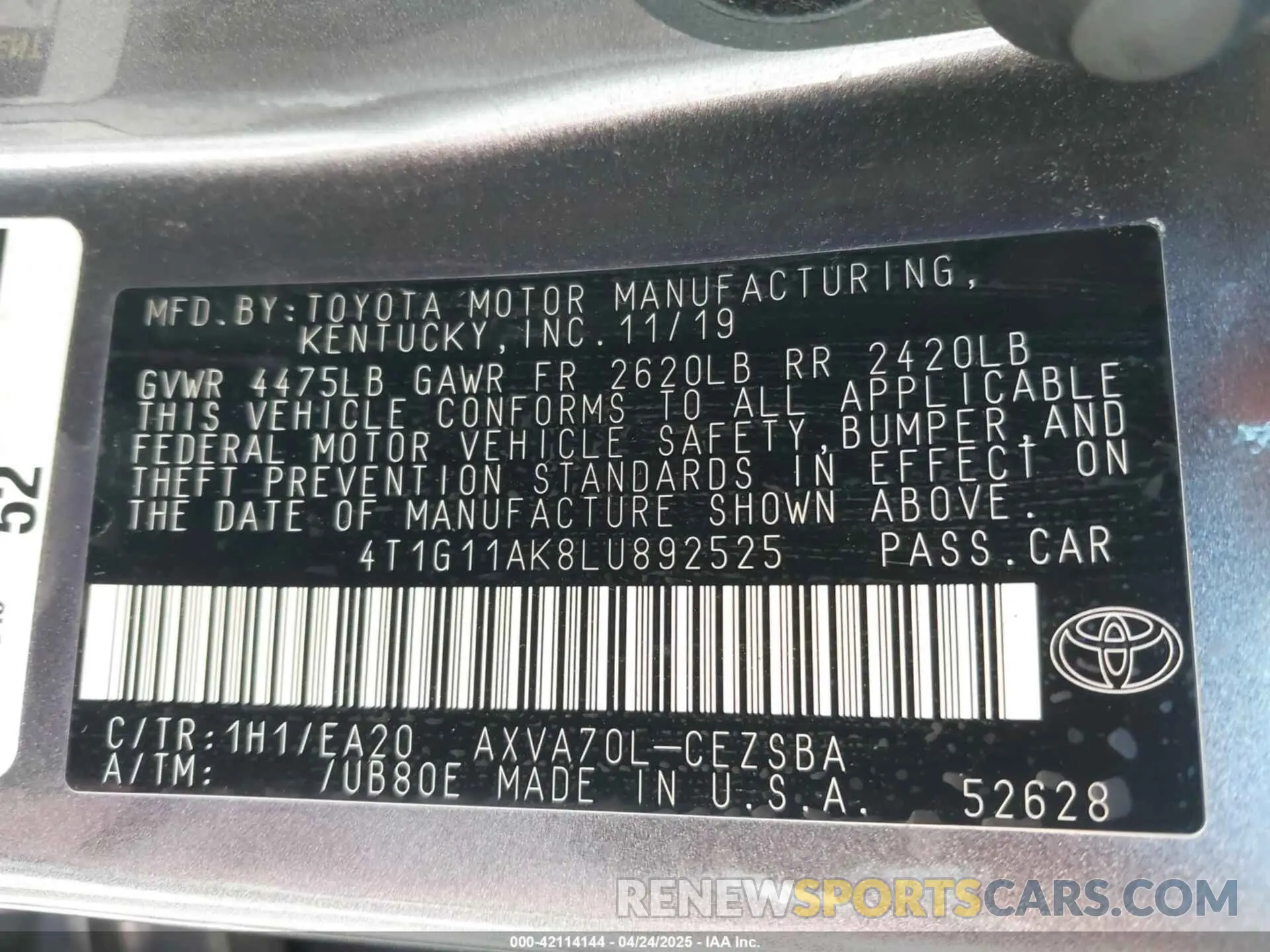 9 Фотография поврежденного автомобиля 4T1G11AK8LU892525 TOYOTA CAMRY 2020