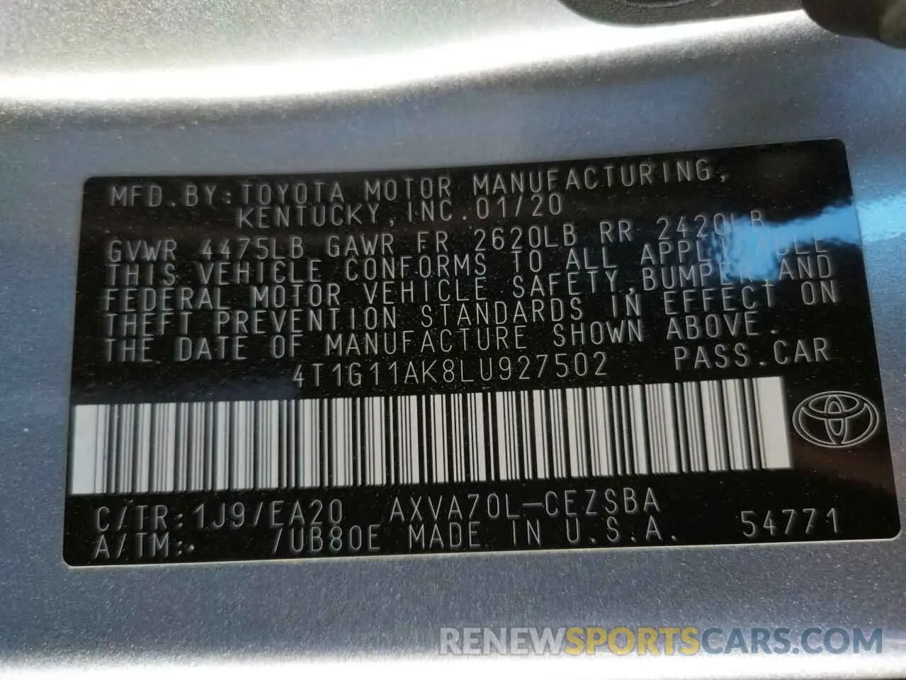 10 Photograph of a damaged car 4T1G11AK8LU927502 TOYOTA CAMRY 2020