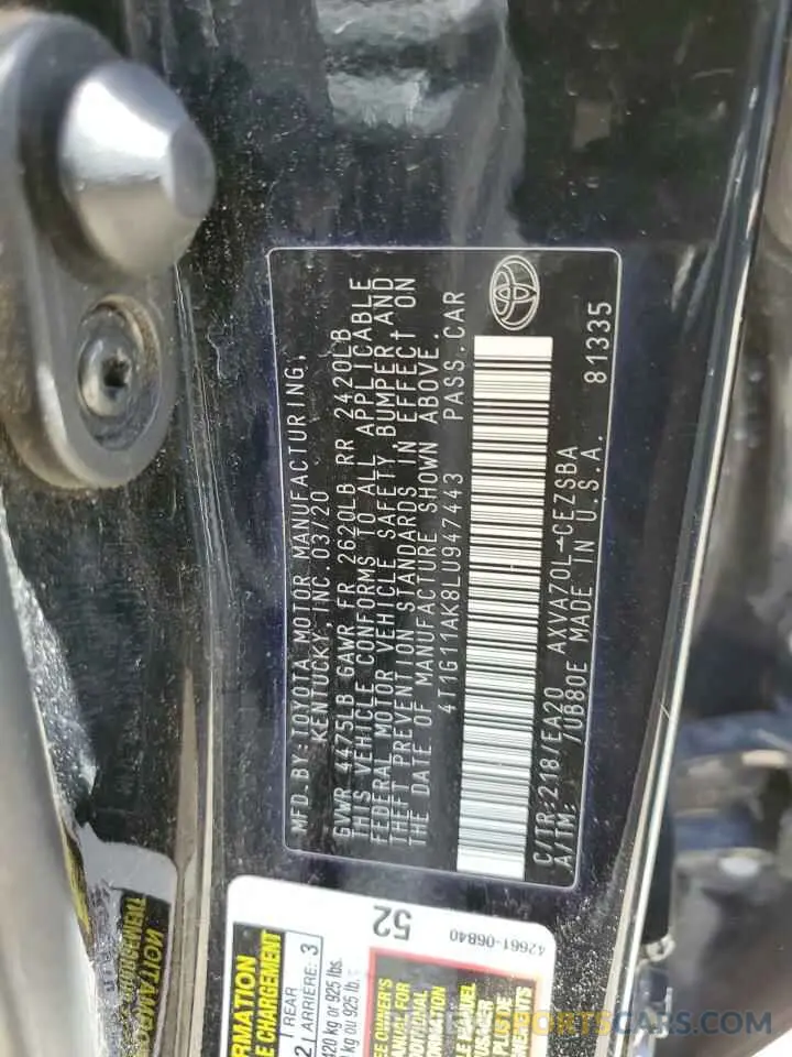 13 Photograph of a damaged car 4T1G11AK8LU947443 TOYOTA CAMRY 2020