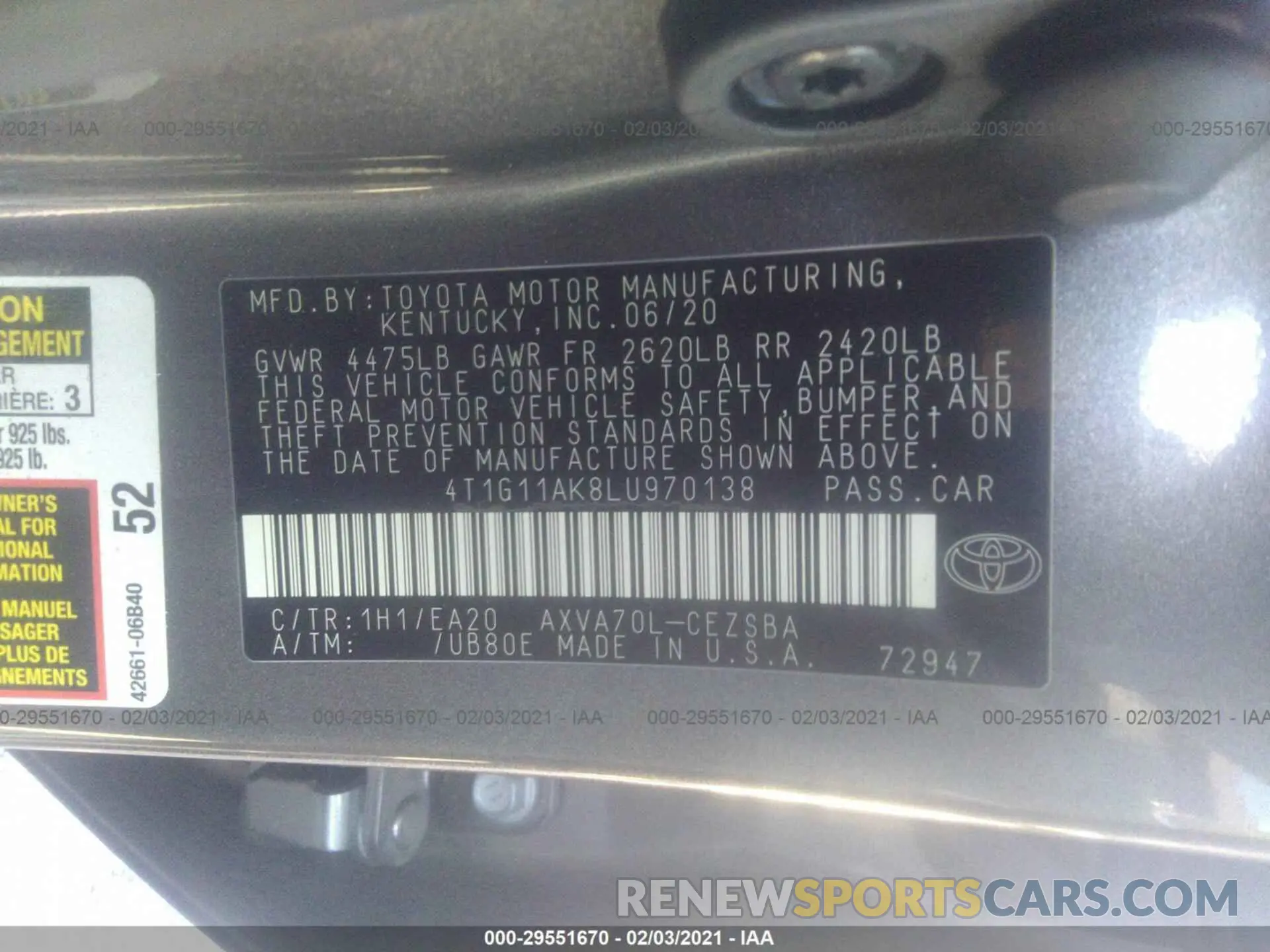9 Photograph of a damaged car 4T1G11AK8LU970138 TOYOTA CAMRY 2020
