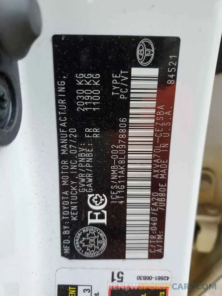13 Фотография поврежденного автомобиля 4T1G11AK8LU978806 TOYOTA CAMRY 2020