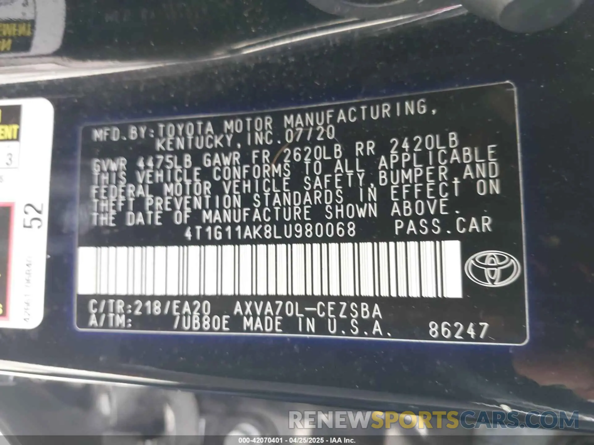 9 Фотография поврежденного автомобиля 4T1G11AK8LU980068 TOYOTA CAMRY 2020