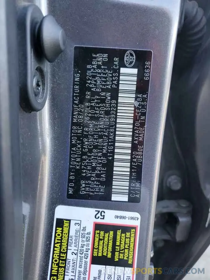 12 Photograph of a damaged car 4T1G11AK8LU993239 TOYOTA CAMRY 2020