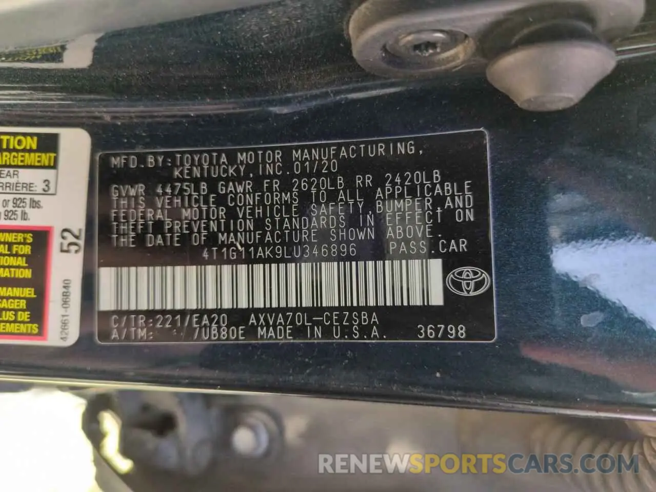 12 Photograph of a damaged car 4T1G11AK9LU346896 TOYOTA CAMRY 2020