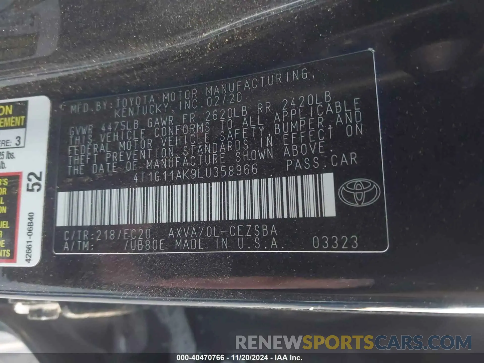 9 Фотография поврежденного автомобиля 4T1G11AK9LU358966 TOYOTA CAMRY 2020