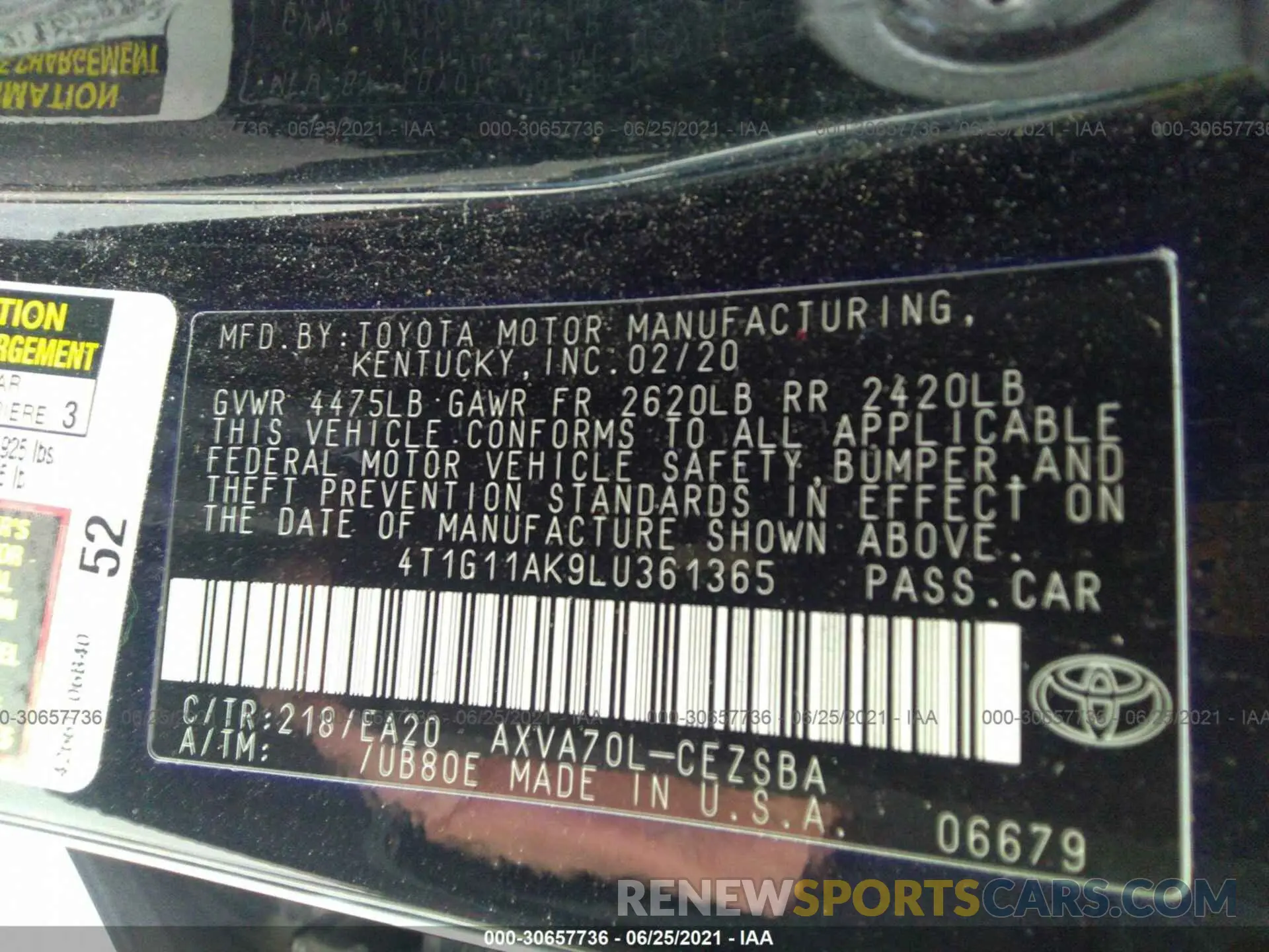 9 Photograph of a damaged car 4T1G11AK9LU361365 TOYOTA CAMRY 2020