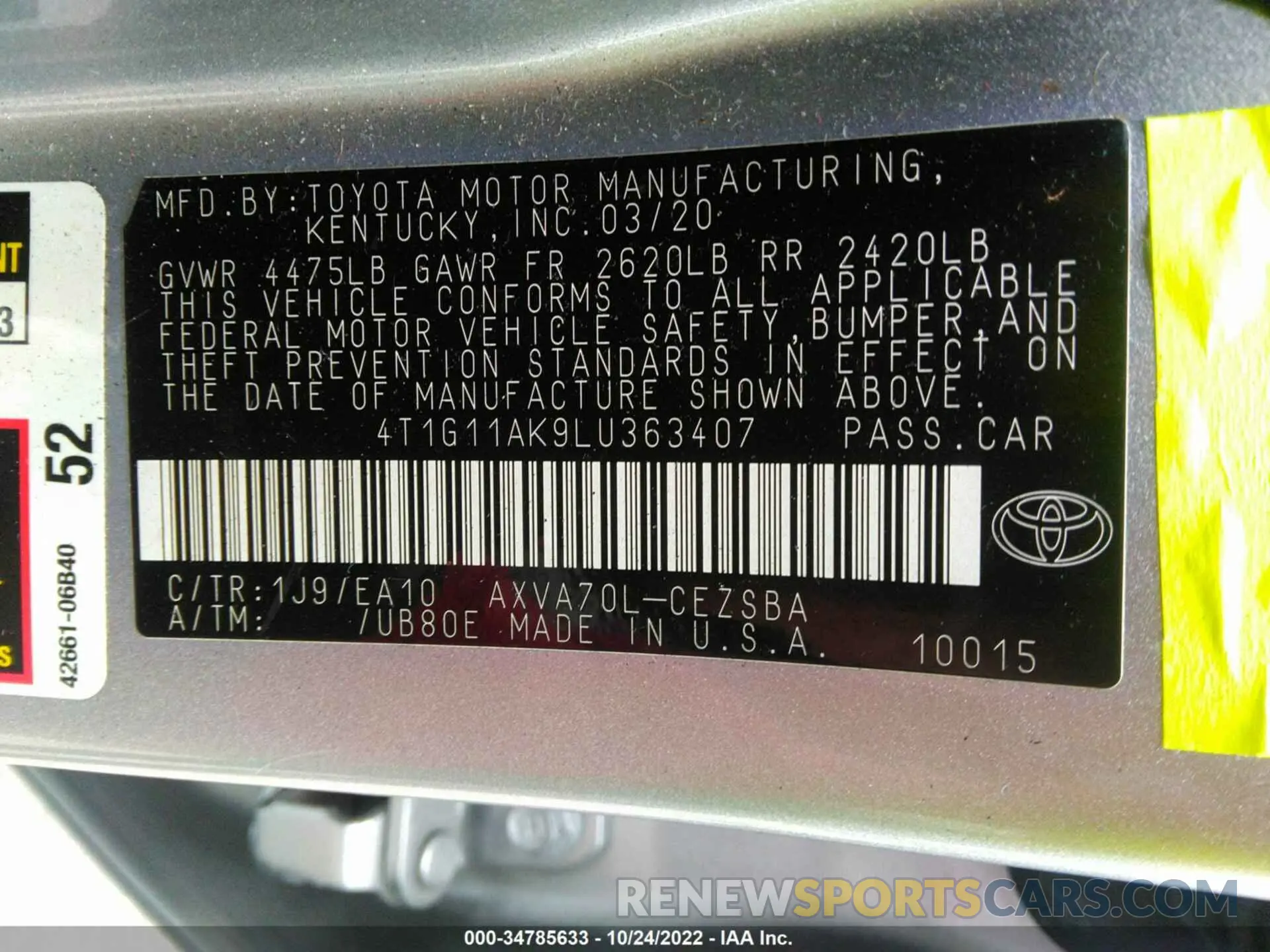 9 Photograph of a damaged car 4T1G11AK9LU363407 TOYOTA CAMRY 2020