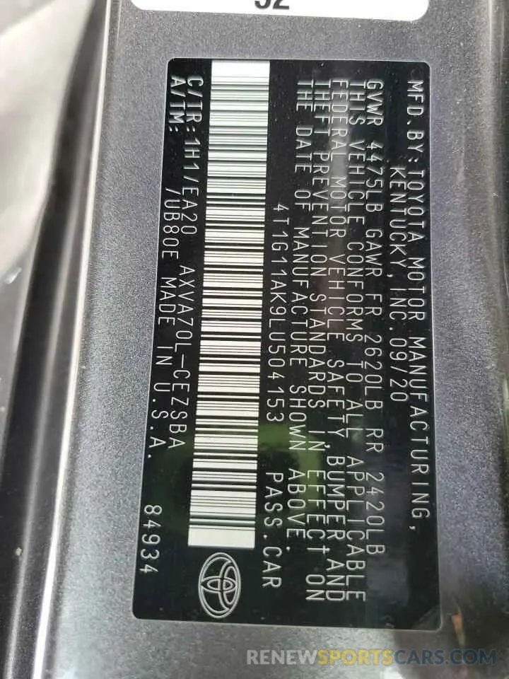 12 Фотография поврежденного автомобиля 4T1G11AK9LU504153 TOYOTA CAMRY 2020