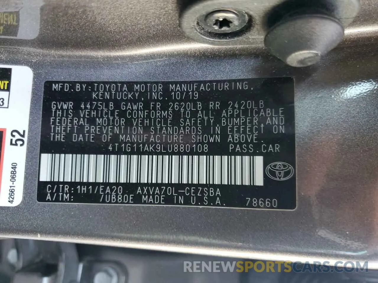 12 Photograph of a damaged car 4T1G11AK9LU880108 TOYOTA CAMRY 2020