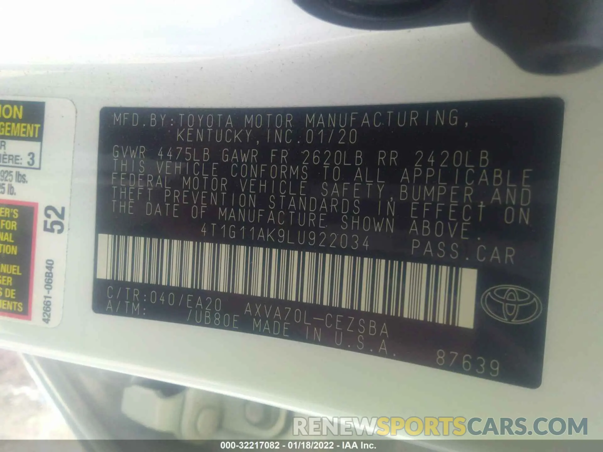 9 Photograph of a damaged car 4T1G11AK9LU922034 TOYOTA CAMRY 2020
