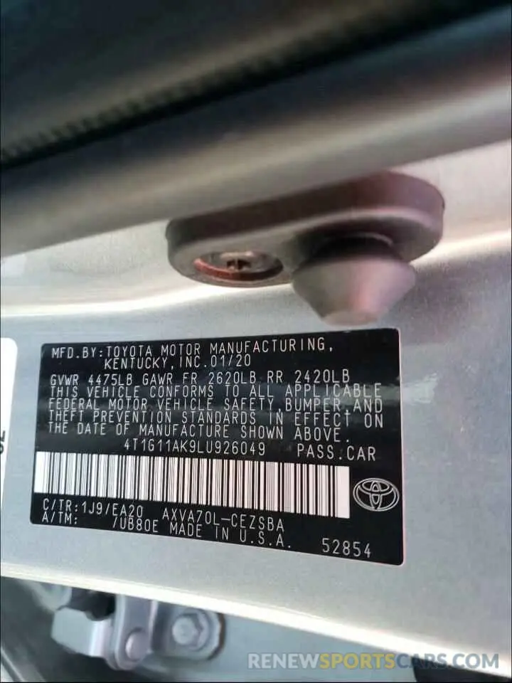 10 Photograph of a damaged car 4T1G11AK9LU926049 TOYOTA CAMRY 2020