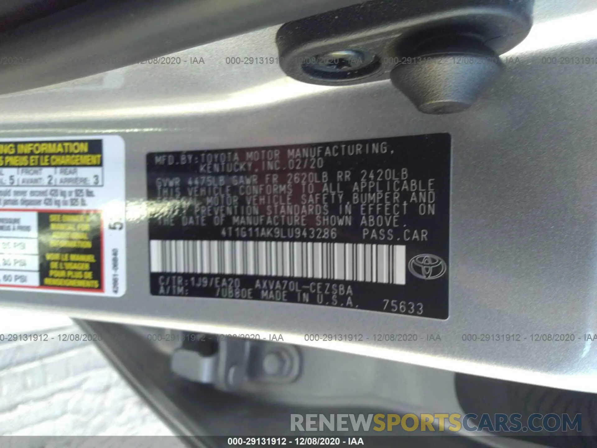 9 Photograph of a damaged car 4T1G11AK9LU943286 TOYOTA CAMRY 2020