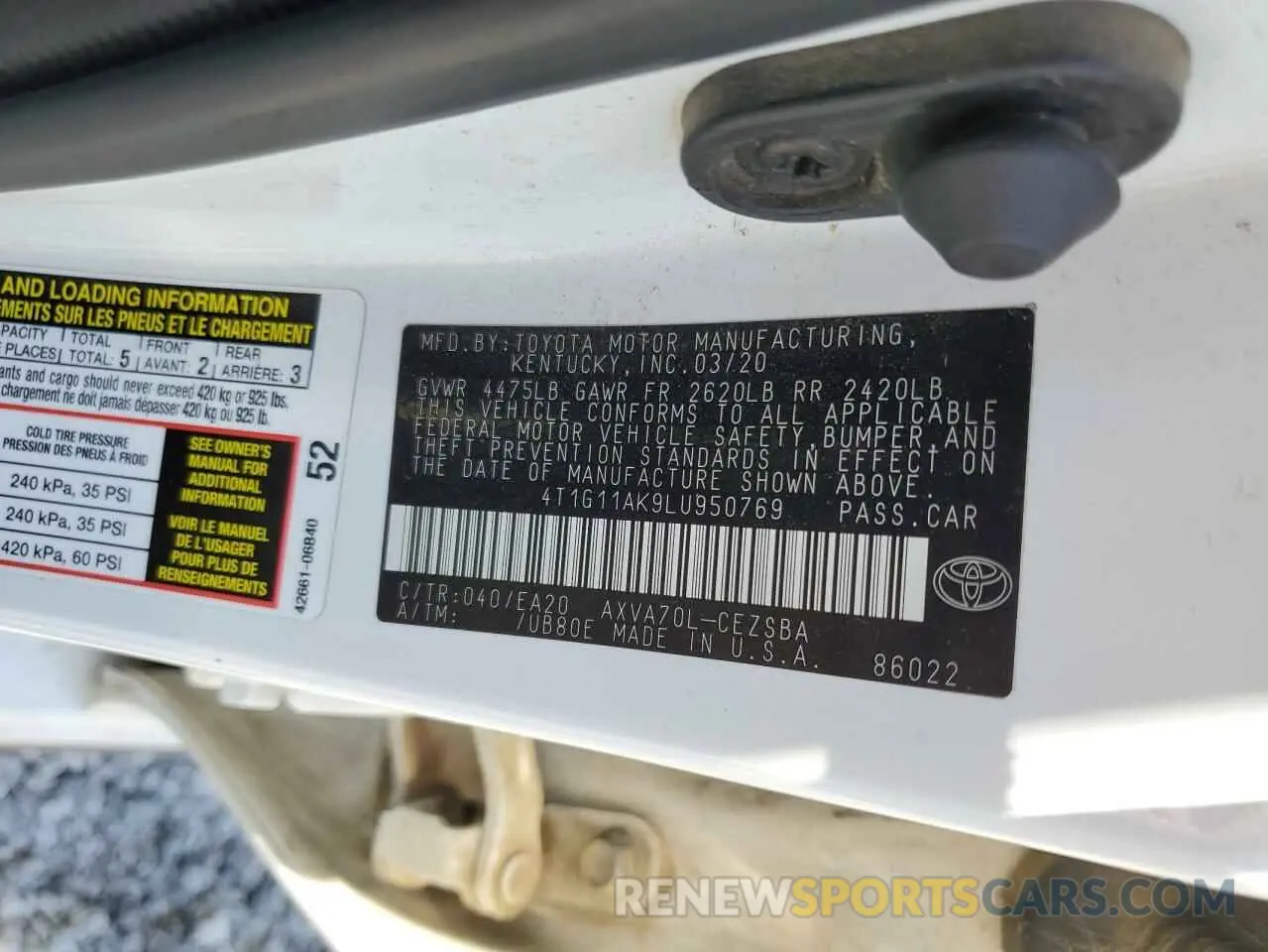 12 Photograph of a damaged car 4T1G11AK9LU950769 TOYOTA CAMRY 2020
