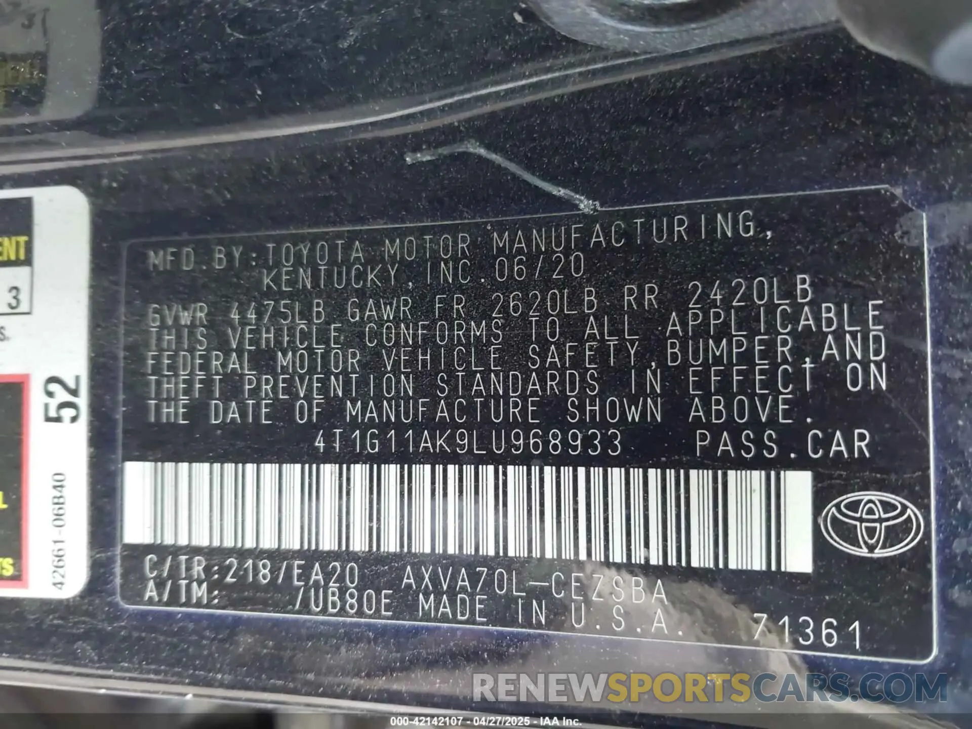 9 Photograph of a damaged car 4T1G11AK9LU968933 TOYOTA CAMRY 2020