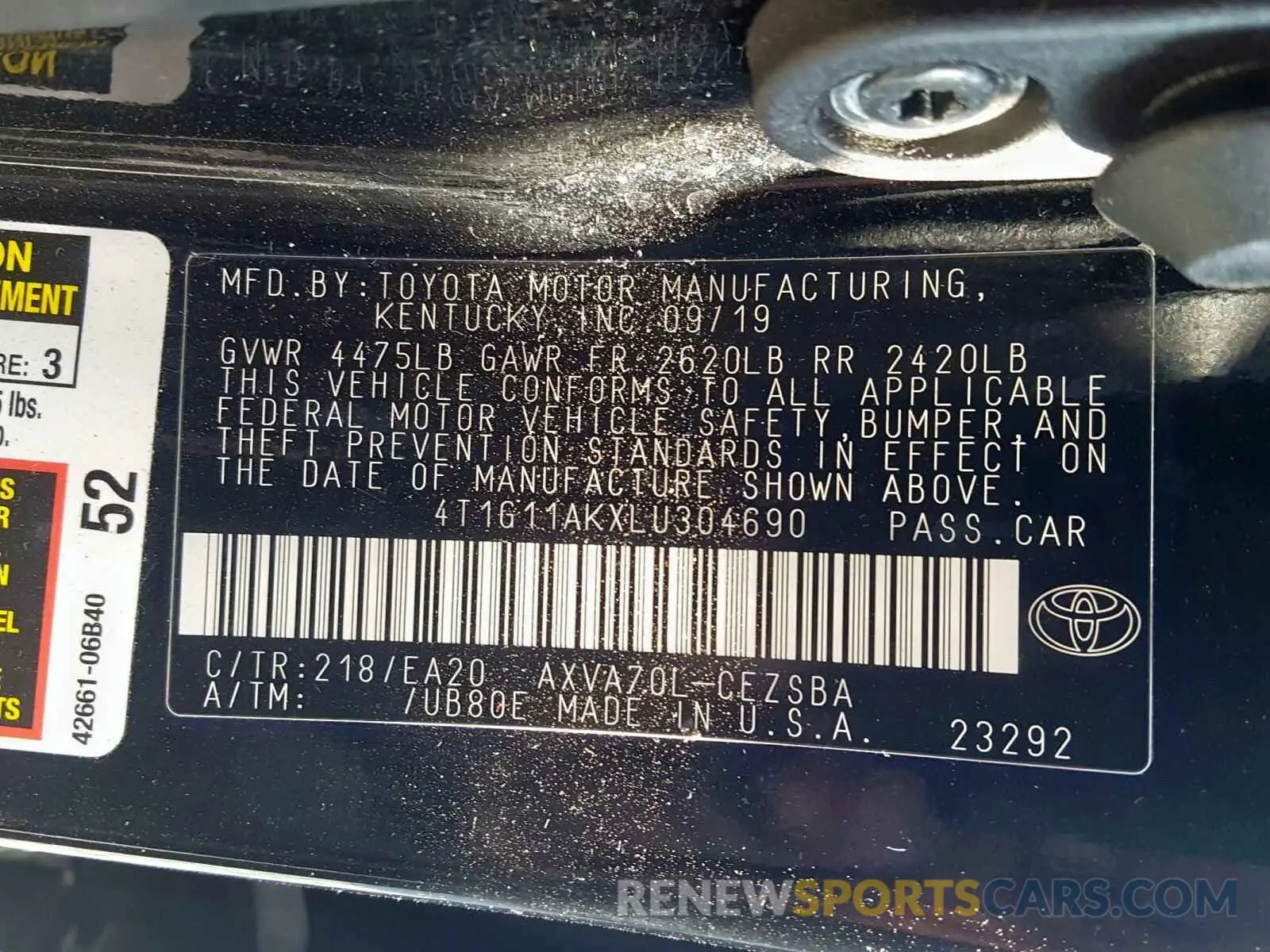 10 Photograph of a damaged car 4T1G11AKXLU304690 TOYOTA CAMRY 2020