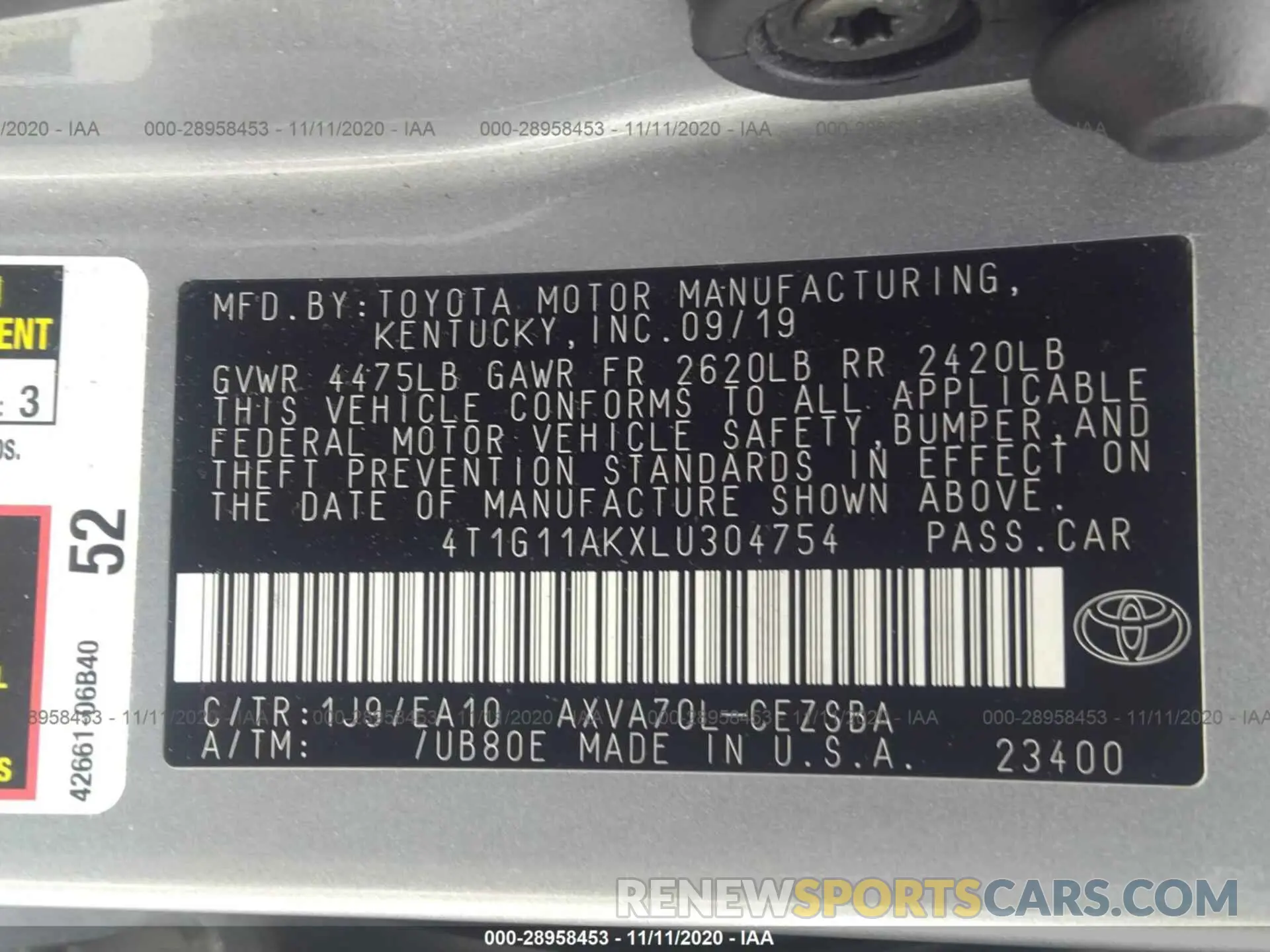 9 Photograph of a damaged car 4T1G11AKXLU304754 TOYOTA CAMRY 2020